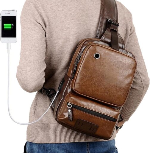 Small Black Sling Crossbody Backpack Shoulder Bag for Men Women Vintage PU Leather Sling Backpack Cycling - Image 3