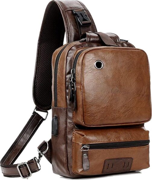Small Black Sling Crossbody Backpack Shoulder Bag for Men Women Vintage PU Leather Sling Backpack Cycling