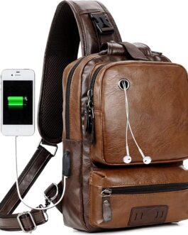 Small Black Sling Crossbody Backpack Shoulder Bag for Men Women Vintage PU Leather Sling Backpack Cycling