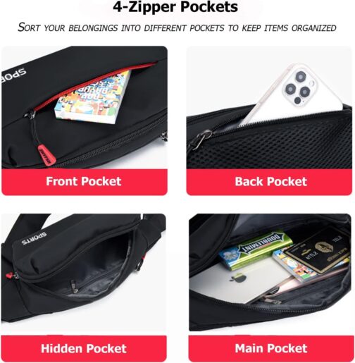 Sports Waist Pack Fanny Pack: Bumbag Beltbag Fannie Pack Waterresistant Adjustable 4-Zipper Pockets for Running Walking Hiking Traveling Biking Outdoor Man Woman Black - Image 4