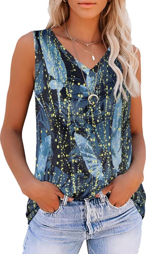 Summer Tops for Women Sleeveless V Neck Tshirt Loose Fit Casual Tank Tunic Blouse