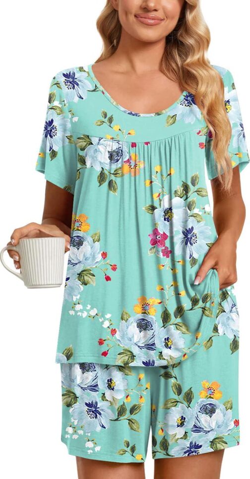 TAOHUADAO 2 Piece Women's Short Sleeve Pajama Sets, Lounge Sleepwear Ladies Pjs Sets with Pockets