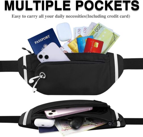 TORRYZA Fanny Packs for Women Men, Waterproof Waist Pack with Reflective Strip, Lightweight Slim Belt Bag with No-Bounce Adjustable Strap Running Travel Hiking Walking Sport(Black) - Image 5