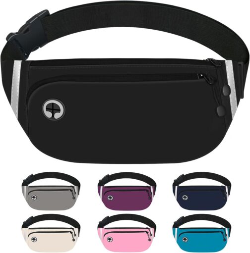 TORRYZA Fanny Packs for Women Men, Waterproof Waist Pack with Reflective Strip, Lightweight Slim Belt Bag with No-Bounce Adjustable Strap Running Travel Hiking Walking Sport(Black)
