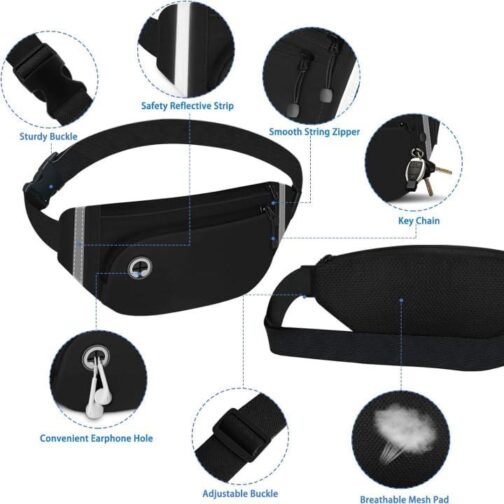 TORRYZA Fanny Packs for Women Men, Waterproof Waist Pack with Reflective Strip, Lightweight Slim Belt Bag with No-Bounce Adjustable Strap Running Travel Hiking Walking Sport(Black) - Image 9