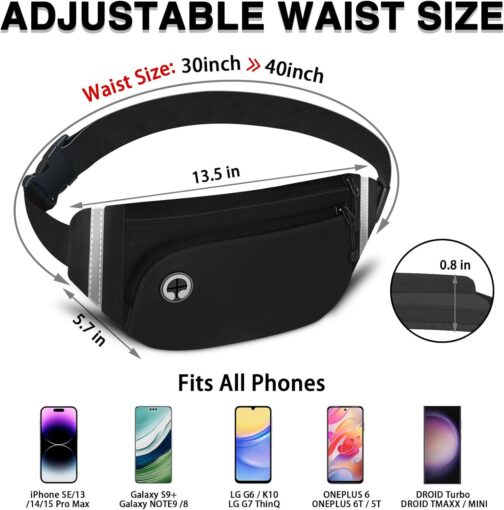 TORRYZA Fanny Packs for Women Men, Waterproof Waist Pack with Reflective Strip, Lightweight Slim Belt Bag with No-Bounce Adjustable Strap Running Travel Hiking Walking Sport(Black) - Image 6
