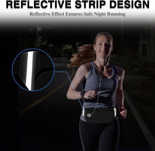 TORRYZA Fanny Packs for Women Men, Waterproof Waist Pack with Reflective Strip, Lightweight Slim Belt Bag with No-Bounce Adjustable Strap Running Travel Hiking Walking Sport(Black) - Image 4