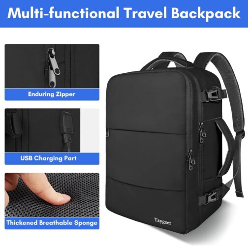 Taygeer Travel Backpack for Men Women, Carry On Backpack with USB Charging Port and Shoe Pouch, TSA 17.3inch Laptop Backpack Flight Approved, Nurse Bag Casual Daypack for Weekender Business Hiking,Black - Image 8
