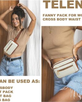 Telena Fanny Packs for Women Cross Body Bag Leather Belt Bag Fashionable Waist Bag with Adjustable Strap Beige Brown