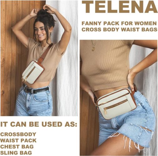 Telena Fanny Packs for Women Cross Body Bag Leather Belt Bag Fashionable Waist Bag with Adjustable Strap Beige Brown - Image 2