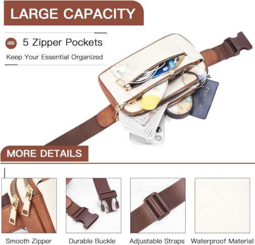 Telena Fanny Packs for Women Cross Body Bag Leather Belt Bag Fashionable Waist Bag with Adjustable Strap Beige Brown - Image 4