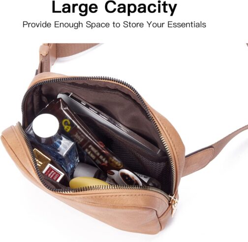 Telena Leather Belt Bag for Women Fashionable Fanny Packs Cross Body Bag Waist Pack Camel Brown - Image 3