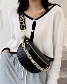 Thick Chain Women’s Fanny Pack Plaid leather Waist Bag Shoulder Crossbody Chest Bags Luxury Designer Handbags Female Belt Bag (Black)