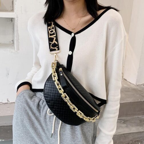 Thick Chain Women's Fanny Pack Plaid leather Waist Bag Shoulder Crossbody Chest Bags Luxury Designer Handbags Female Belt Bag (Black) - Image 2