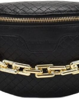 Thick Chain Women’s Fanny Pack Plaid leather Waist Bag Shoulder Crossbody Chest Bags Luxury Designer Handbags Female Belt Bag (Black)