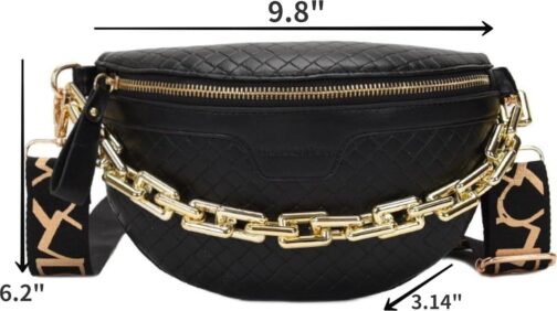 Thick Chain Women's Fanny Pack Plaid leather Waist Bag Shoulder Crossbody Chest Bags Luxury Designer Handbags Female Belt Bag (Black) - Image 5