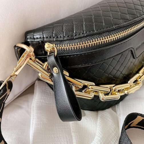 Thick Chain Women's Fanny Pack Plaid leather Waist Bag Shoulder Crossbody Chest Bags Luxury Designer Handbags Female Belt Bag (Black) - Image 7