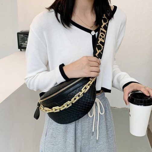 Thick Chain Women's Fanny Pack Plaid leather Waist Bag Shoulder Crossbody Chest Bags Luxury Designer Handbags Female Belt Bag (Black) - Image 3