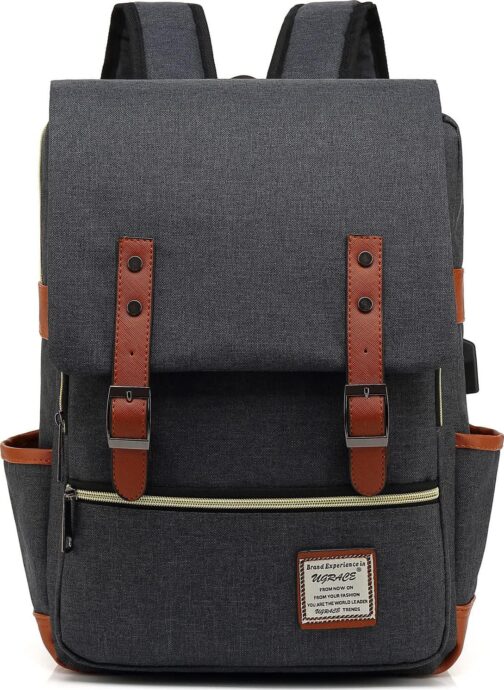 UGRACE Vintage Laptop Backpack with USB Charging Port, Elegant Water Resistant Travelling Casual Daypacks College Shoulder Bag for Men Women, Fits up to 15.6Inch Laptop in Black - Image 6