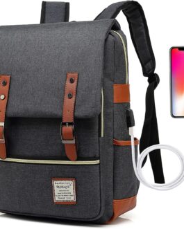 UGRACE Vintage Laptop Backpack with USB Charging Port, Elegant Water Resistant Travelling Casual Daypacks College Shoulder Bag for Men Women, Fits up to 15.6Inch Laptop in Black