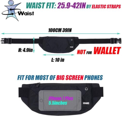 USHAKE Running Belt,Men or Women Ultra Light Bounce Free Waist Pouch Bag Fitness Workout Belt Sport Waist Pack Exercise Waist Bag for iPhone Samsung LG in Running Gym Marathon (BLACK) - Image 5
