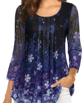 VALOLIA Women’s 3/4 Sleeve Tunic Tops Casual Loose Fit Floral Blouses Mesh Pleated Layered Shirt