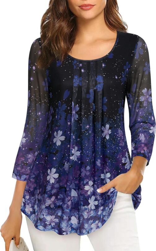 VALOLIA Women's 3/4 Sleeve Tunic Tops Casual Loose Fit Floral Blouses Mesh Pleated Layered Shirt