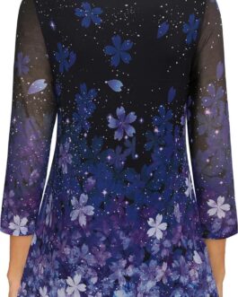 VALOLIA Women’s 3/4 Sleeve Tunic Tops Casual Loose Fit Floral Blouses Mesh Pleated Layered Shirt