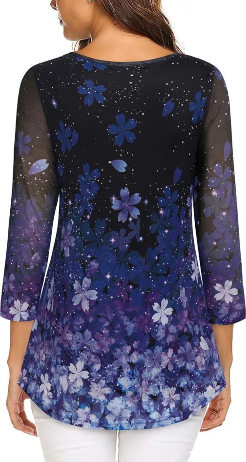 VALOLIA Women's 3/4 Sleeve Tunic Tops Casual Loose Fit Floral Blouses Mesh Pleated Layered Shirt - Image 2