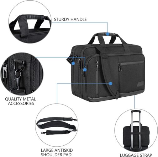 VANKEAN Laptop Briefcase for Men Women, 17.3 Inch Laptop Bag Water Repellent and Expandable Messenger Bag with Strap, Premium Shoulder Bag Womens Briefcase Computer Bag for Travel/Business, Black - Image 3