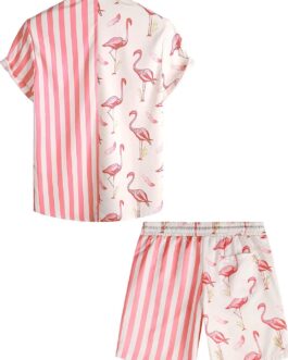VATPAVE Mens Flamingo Hawaiian Sets Casual Short Sleeve Button Down Shirts Beach Outfits