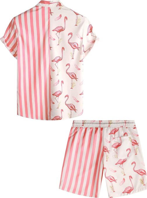 VATPAVE Mens Flamingo Hawaiian Sets Casual Short Sleeve Button Down Shirts Beach Outfits - Image 2