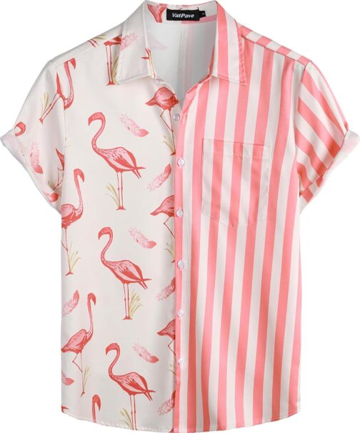 VATPAVE Mens Flamingo Hawaiian Sets Casual Short Sleeve Button Down Shirts Beach Outfits - Image 3