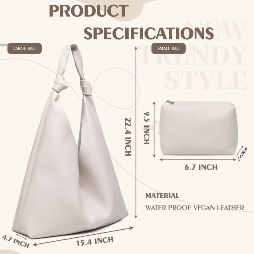 Vegan Leather Hobo Purses set, Slouchy Shoulder Bag Knotted Hobo Bags for Women with a small makeup bag - Image 2