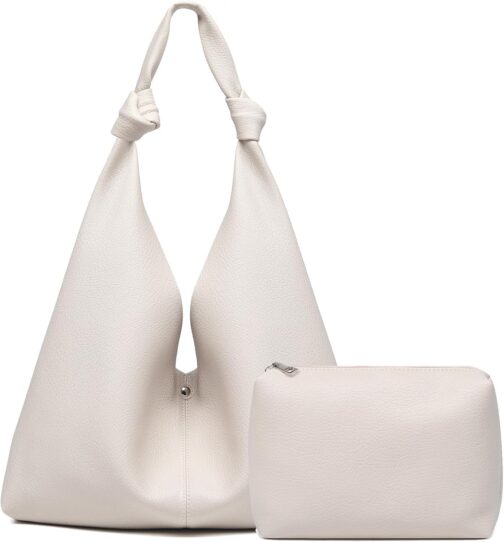 Vegan Leather Hobo Purses set, Slouchy Shoulder Bag Knotted Hobo Bags for Women with a small makeup bag