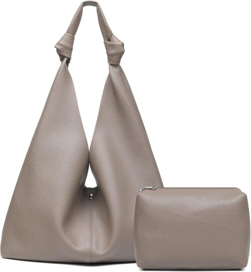 Vegan Leather Hobo Purses set, Slouchy Shoulder Bag Knotted Hobo Bags for Women with a small makeup bag