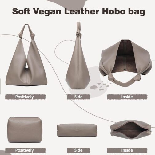 Vegan Leather Hobo Purses set, Slouchy Shoulder Bag Knotted Hobo Bags for Women with a small makeup bag - Image 4
