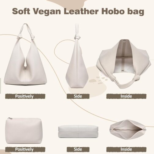 Vegan Leather Hobo Purses set, Slouchy Shoulder Bag Knotted Hobo Bags for Women with a small makeup bag - Image 4