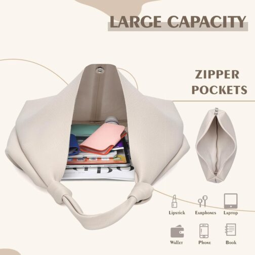 Vegan Leather Hobo Purses set, Slouchy Shoulder Bag Knotted Hobo Bags for Women with a small makeup bag - Image 5