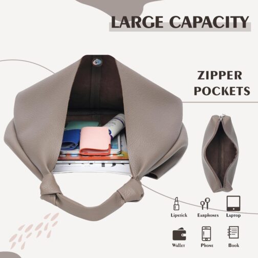 Vegan Leather Hobo Purses set, Slouchy Shoulder Bag Knotted Hobo Bags for Women with a small makeup bag - Image 5