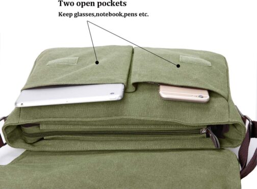 Vintage Canvas Satchel Messenger Bag for Men Women,Travel Shoulder bag 13.5  Laptop Bags Bookbag (Army green) - Image 6