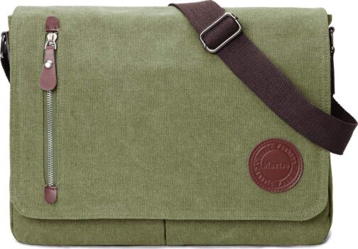 Vintage Canvas Satchel Messenger Bag for Men Women,Travel Shoulder bag 13.5  Laptop Bags Bookbag (Army green)