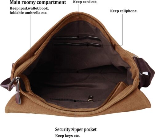 Vintage Canvas Satchel Messenger Bag for 13.5" Laptop, Travel Bookbag (Coffee) - Image 4