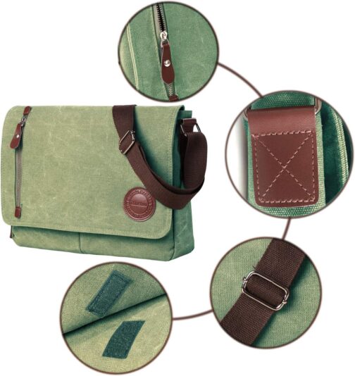 Vintage Canvas Satchel Messenger Bag for Men Women,Travel Shoulder bag 13.5  Laptop Bags Bookbag (Army green) - Image 7