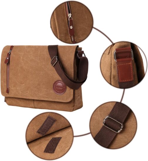 Vintage Canvas Satchel Messenger Bag for 13.5" Laptop, Travel Bookbag (Coffee) - Image 7