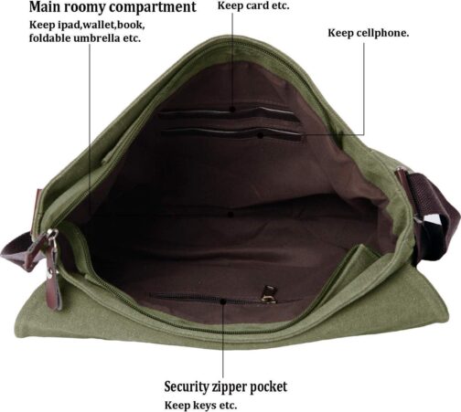 Vintage Canvas Satchel Messenger Bag for Men Women,Travel Shoulder bag 13.5  Laptop Bags Bookbag (Army green) - Image 3
