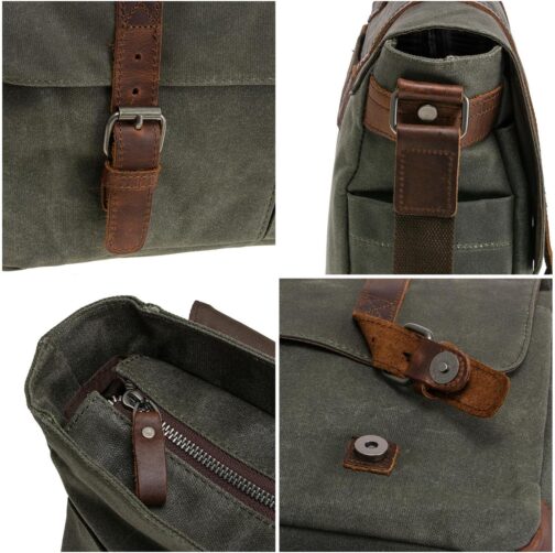 Vintage Genuine Leather Waxed Canvas Briefcase Large Satchel Shoulder Bag Rugged Computer 15.6  Laptop Bag - Image 5