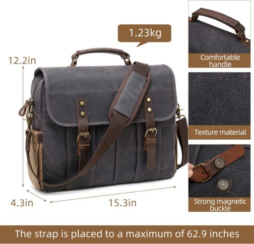 Vintage Mens Messenger Bag 15.6 inches Waterproof Genuine Leather Waxed Canvas Satchel Shoulder Bag Briefcase Laptop Bag with Charging,Headset Port Gray - Image 3