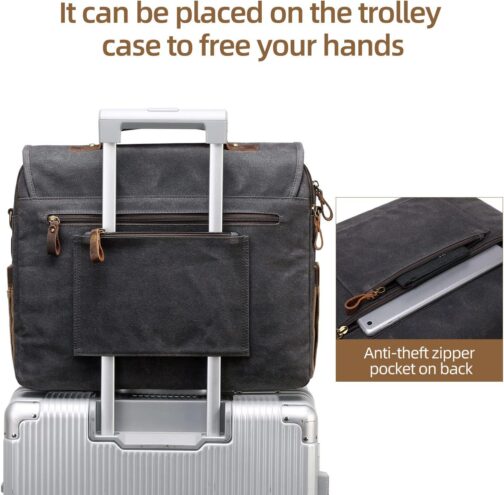Vintage Mens Messenger Bag 15.6 inches Waterproof Genuine Leather Waxed Canvas Satchel Shoulder Bag Briefcase Laptop Bag with Charging,Headset Port Gray - Image 6