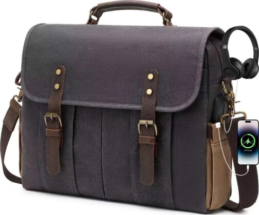 Vintage Mens Messenger Bag 15.6 inches Waterproof Genuine Leather Waxed Canvas Satchel Shoulder Bag Briefcase Laptop Bag with Charging,Headset Port Gray